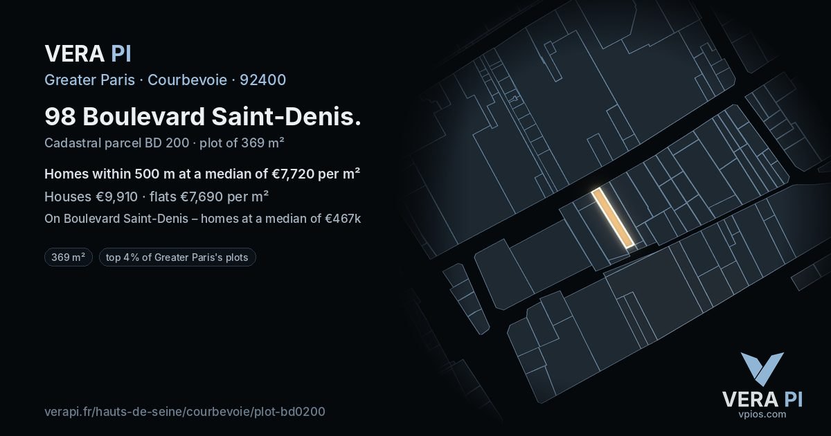 98 Boulevard Saint-Denis, Courbevoie at night – the plot lit, the parcels around coloured by the prices near them