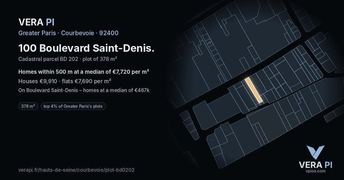 100 Boulevard Saint-Denis, Courbevoie at night – the plot lit, the parcels around coloured by the prices near them