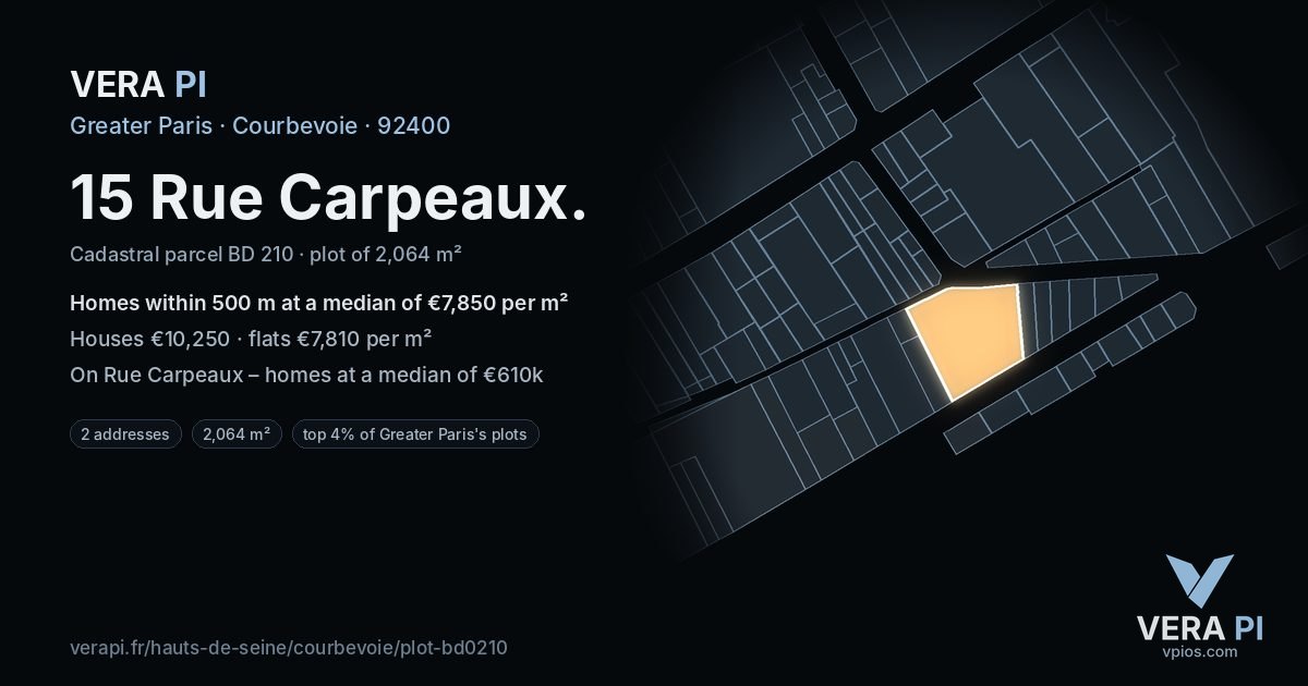 15 Rue Carpeaux, Courbevoie at night – the plot lit, the parcels around coloured by the prices near them