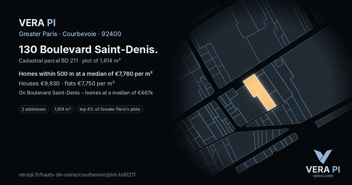 130 Boulevard Saint-Denis, Courbevoie at night – the plot lit, the parcels around coloured by the prices near them
