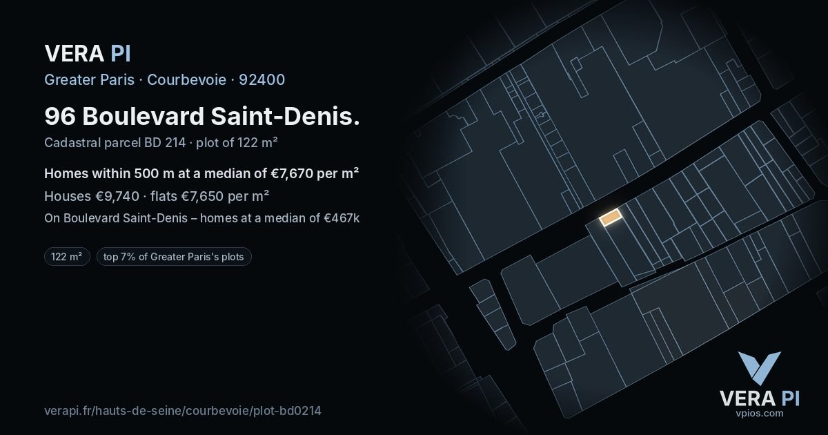 96 Boulevard Saint-Denis, Courbevoie at night – the plot lit, the parcels around coloured by the prices near them