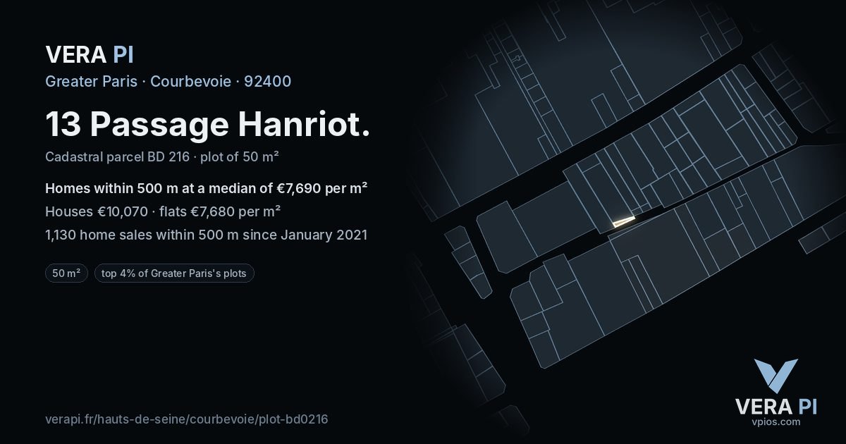 13 Passage Hanriot, Courbevoie at night – the plot lit, the parcels around coloured by the prices near them