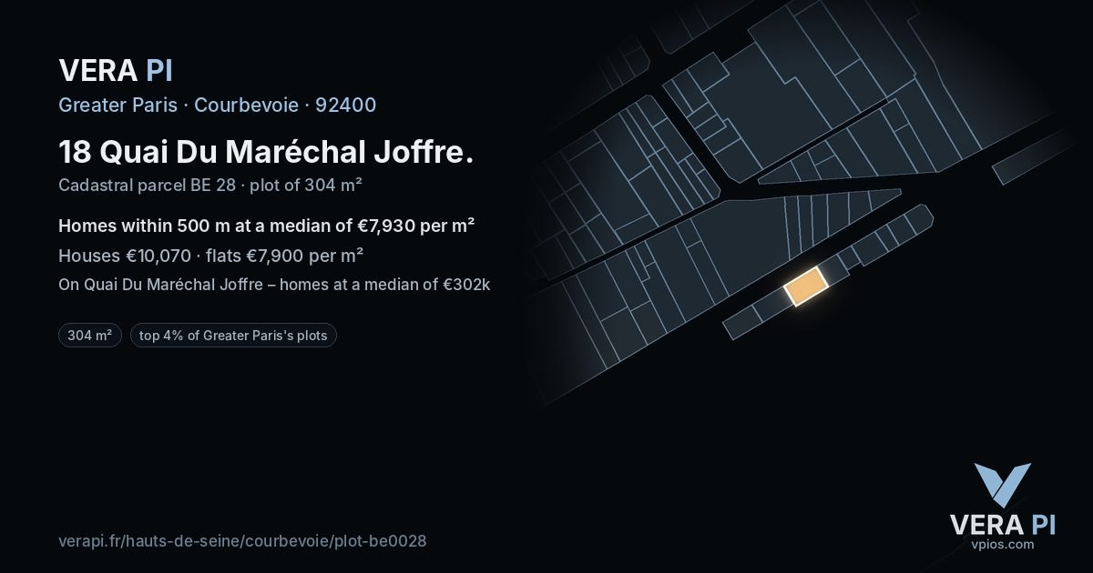 18 Quai Du Maréchal Joffre, Courbevoie at night – the plot lit, the parcels around coloured by the prices near them