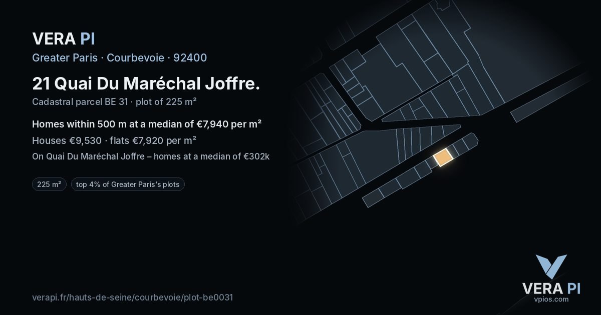 21 Quai Du Maréchal Joffre, Courbevoie at night – the plot lit, the parcels around coloured by the prices near them