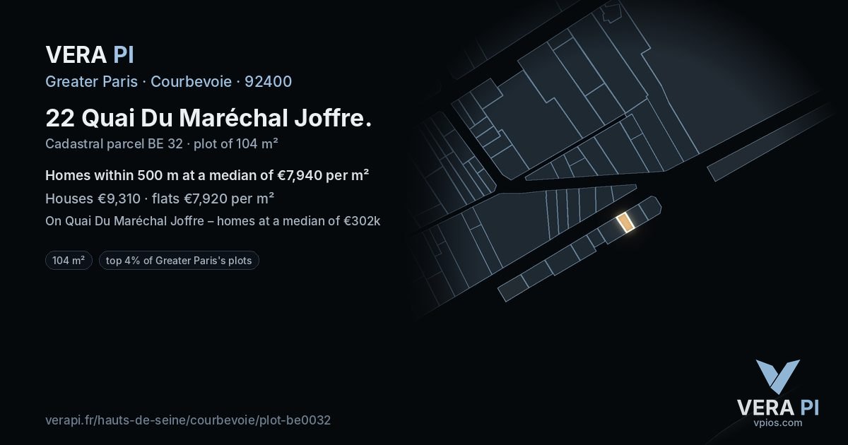 22 Quai Du Maréchal Joffre, Courbevoie at night – the plot lit, the parcels around coloured by the prices near them