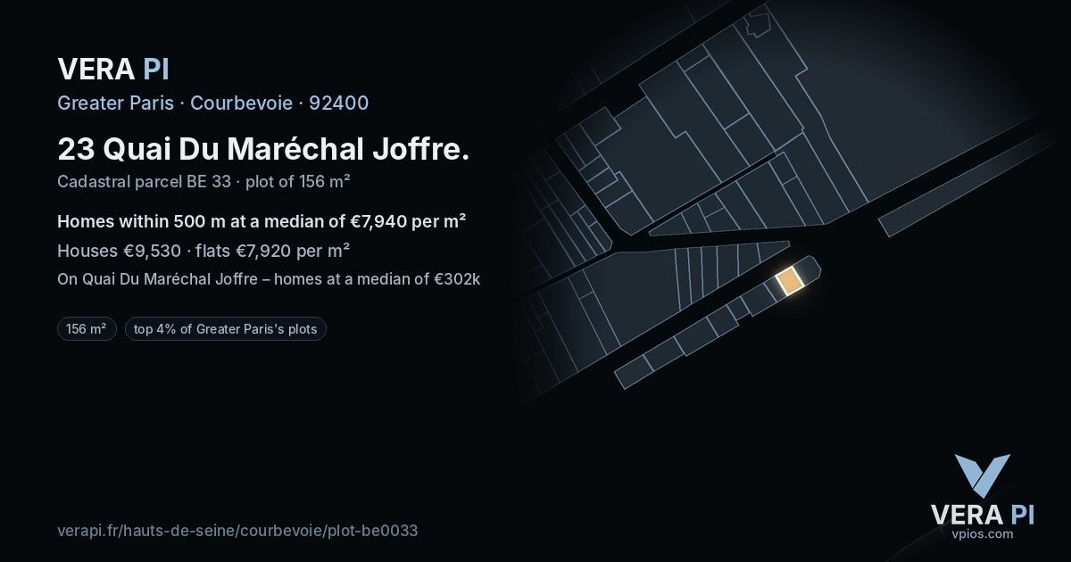 23 Quai Du Maréchal Joffre, Courbevoie at night – the plot lit, the parcels around coloured by the prices near them