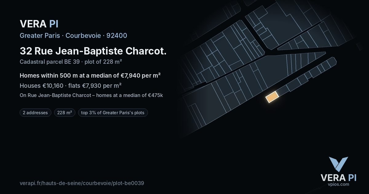 32 Rue Jean-Baptiste Charcot, Courbevoie at night – the plot lit, the parcels around coloured by the prices near them