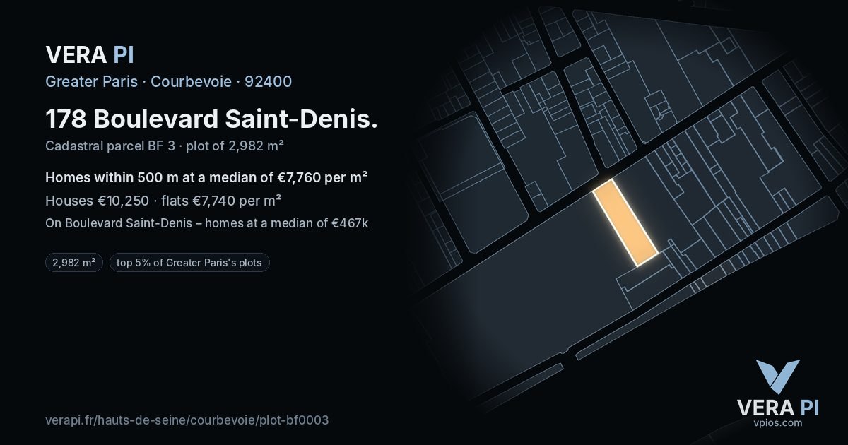 178 Boulevard Saint-Denis, Courbevoie at night – the plot lit, the parcels around coloured by the prices near them