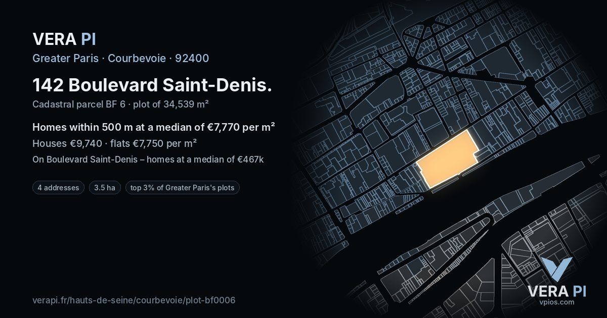 142 Boulevard Saint-Denis, Courbevoie at night – the plot lit, the parcels around coloured by the prices near them