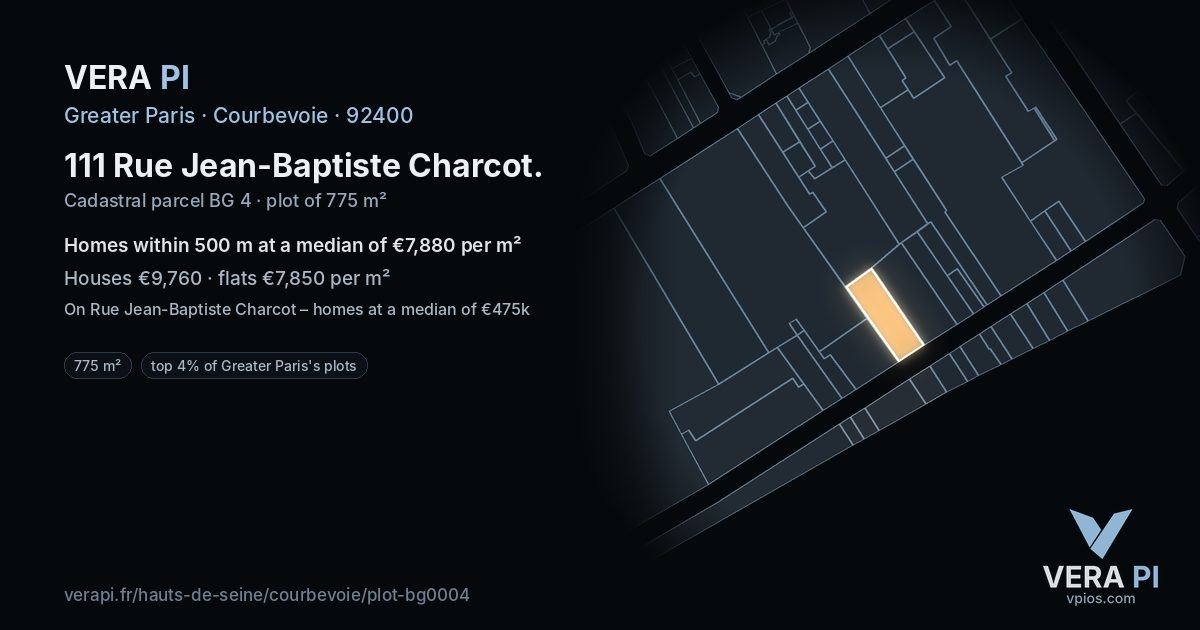 111 Rue Jean-Baptiste Charcot, Courbevoie at night – the plot lit, the parcels around coloured by the prices near them