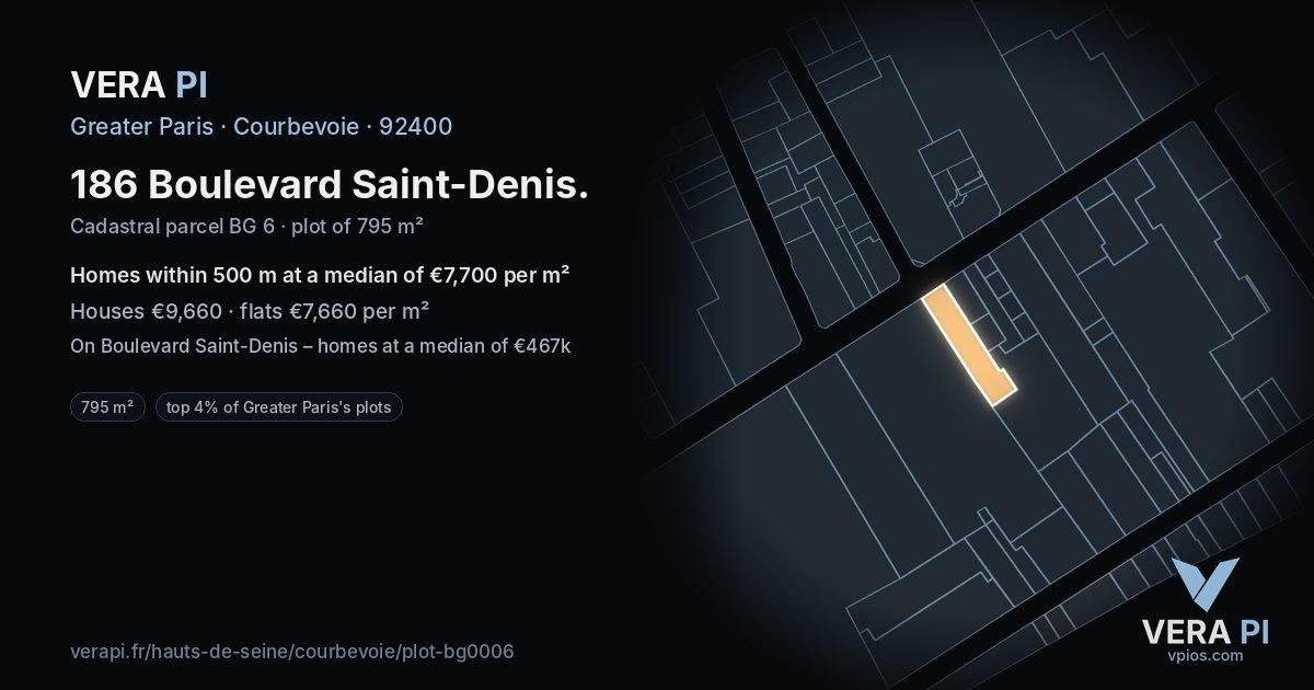 186 Boulevard Saint-Denis, Courbevoie at night – the plot lit, the parcels around coloured by the prices near them