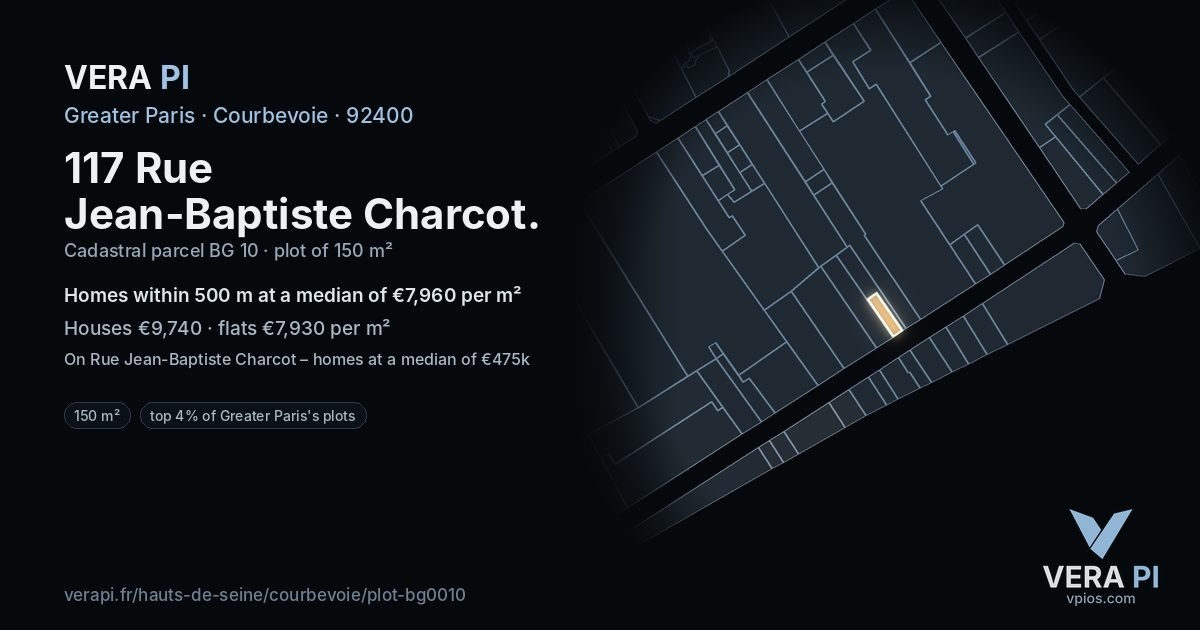 117 Rue Jean-Baptiste Charcot, Courbevoie at night – the plot lit, the parcels around coloured by the prices near them