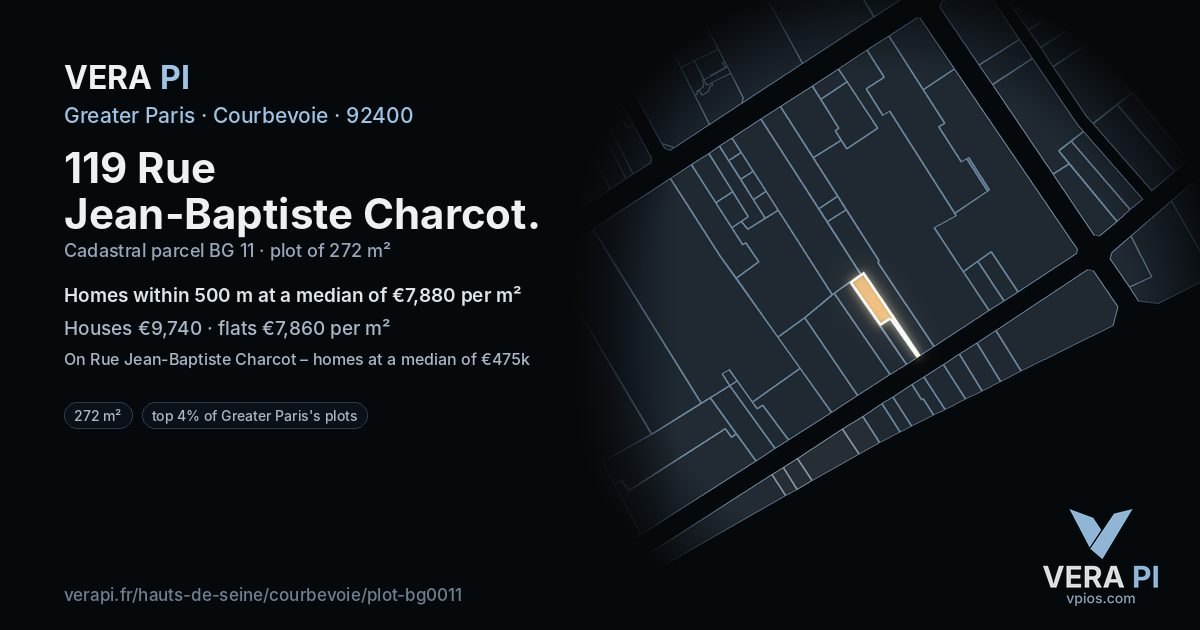 119 Rue Jean-Baptiste Charcot, Courbevoie at night – the plot lit, the parcels around coloured by the prices near them