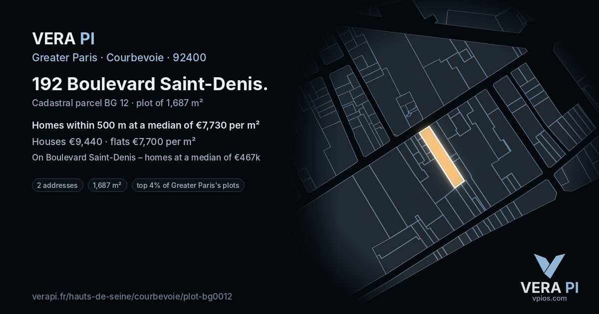 192 Boulevard Saint-Denis, Courbevoie at night – the plot lit, the parcels around coloured by the prices near them