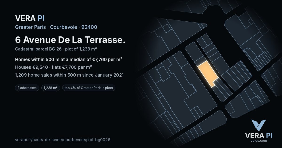 6 Avenue De La Terrasse, Courbevoie at night – the plot lit, the parcels around coloured by the prices near them