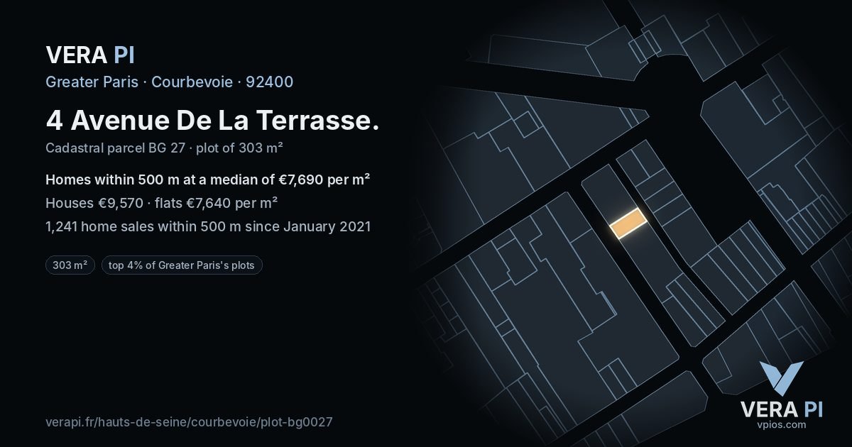 4 Avenue De La Terrasse, Courbevoie at night – the plot lit, the parcels around coloured by the prices near them