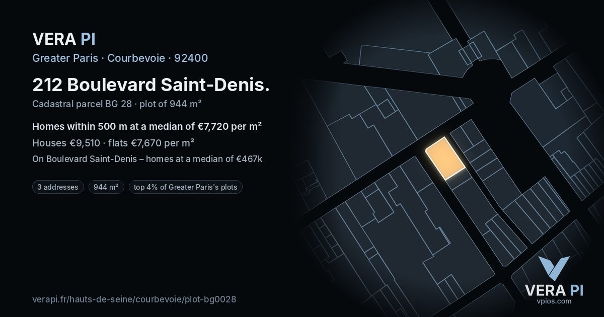 212 Boulevard Saint-Denis, Courbevoie at night – the plot lit, the parcels around coloured by the prices near them