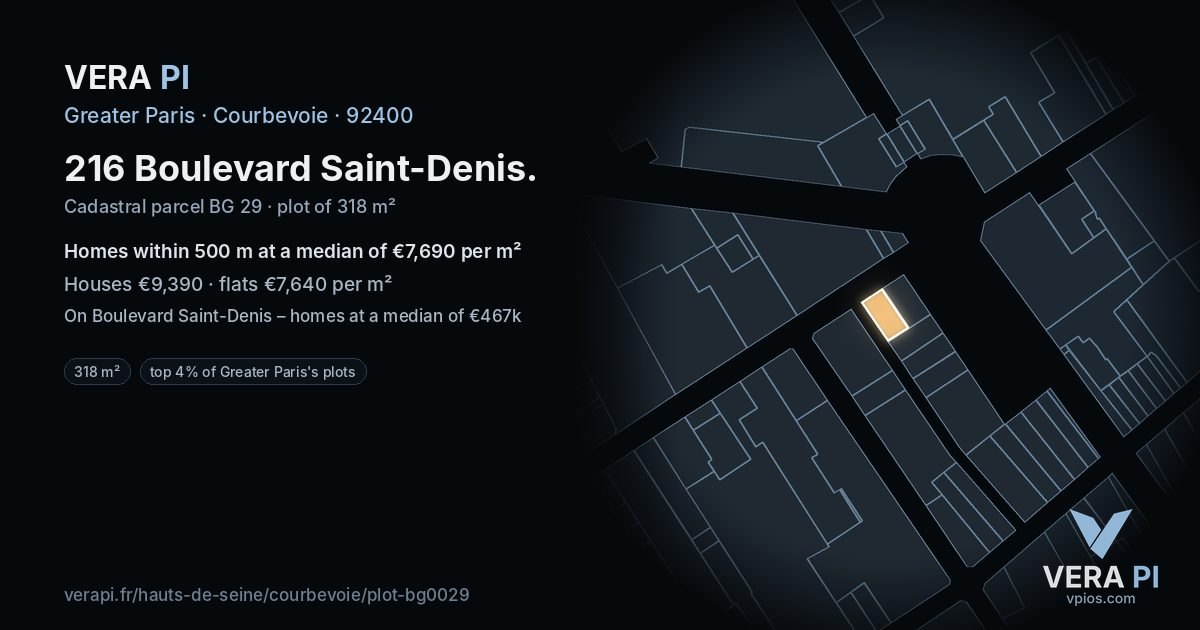 216 Boulevard Saint-Denis, Courbevoie at night – the plot lit, the parcels around coloured by the prices near them