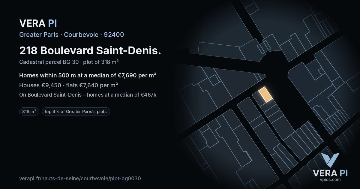 218 Boulevard Saint-Denis, Courbevoie at night – the plot lit, the parcels around coloured by the prices near them