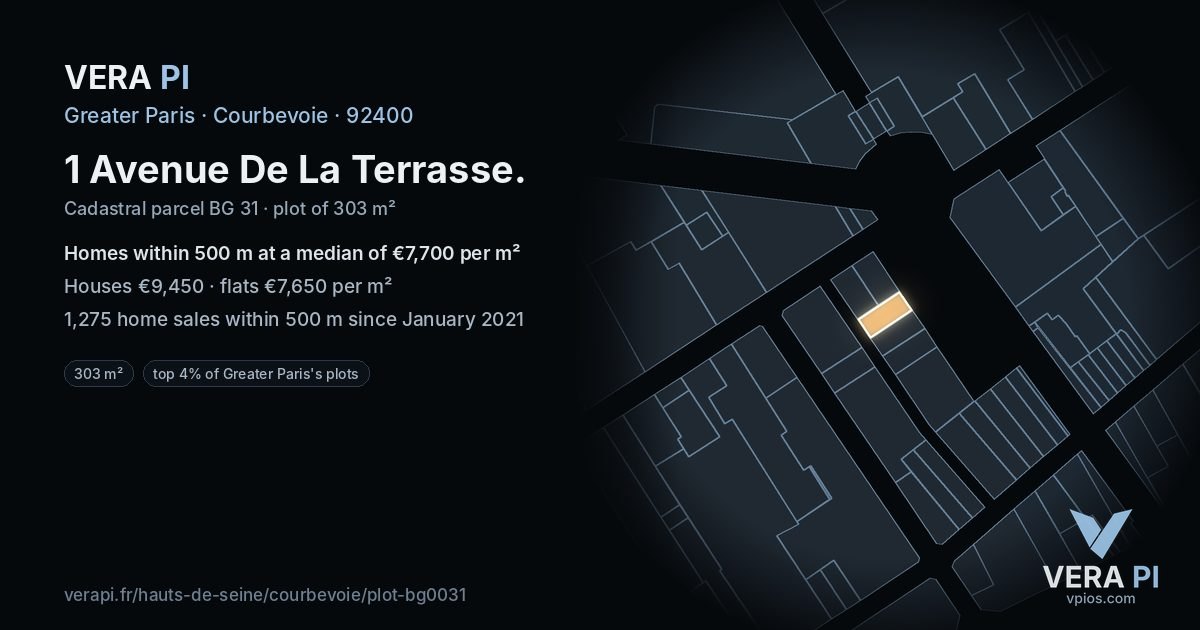 1 Avenue De La Terrasse, Courbevoie at night – the plot lit, the parcels around coloured by the prices near them