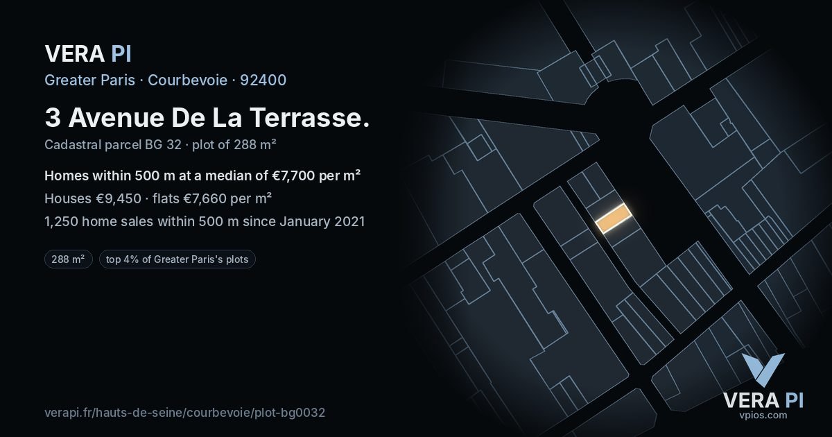 3 Avenue De La Terrasse, Courbevoie at night – the plot lit, the parcels around coloured by the prices near them