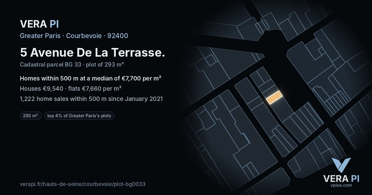 5 Avenue De La Terrasse, Courbevoie at night – the plot lit, the parcels around coloured by the prices near them