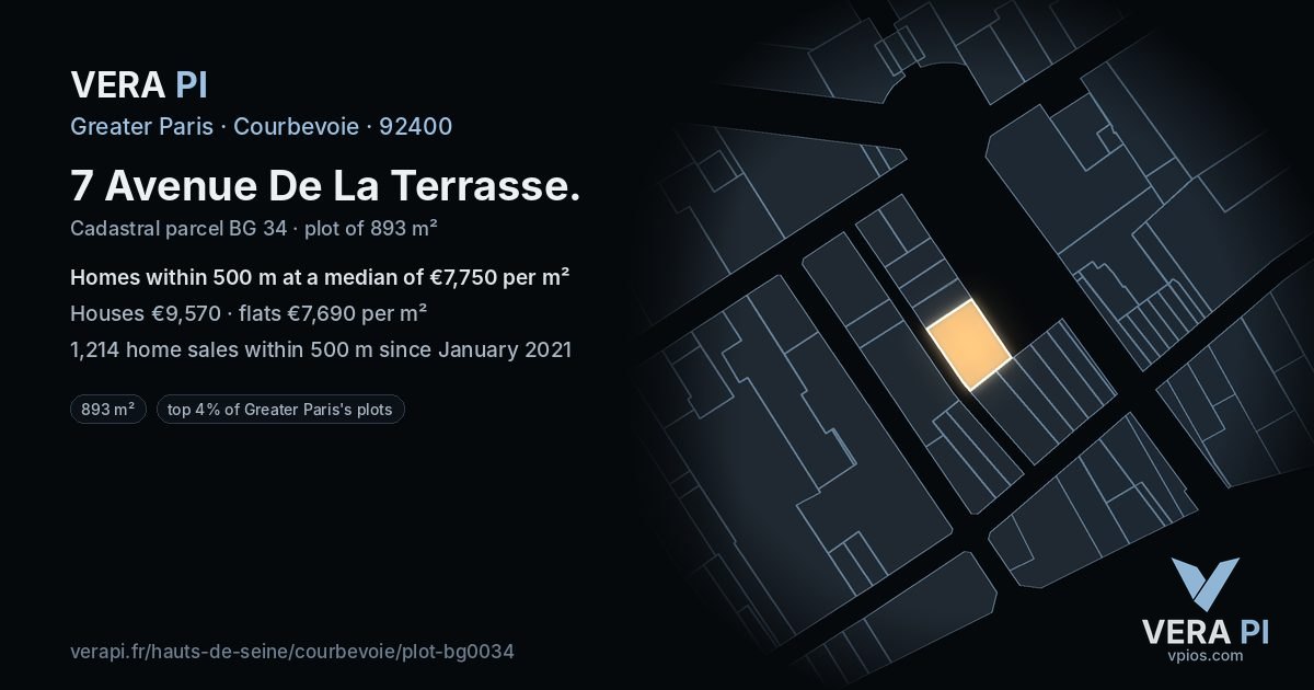 7 Avenue De La Terrasse, Courbevoie at night – the plot lit, the parcels around coloured by the prices near them