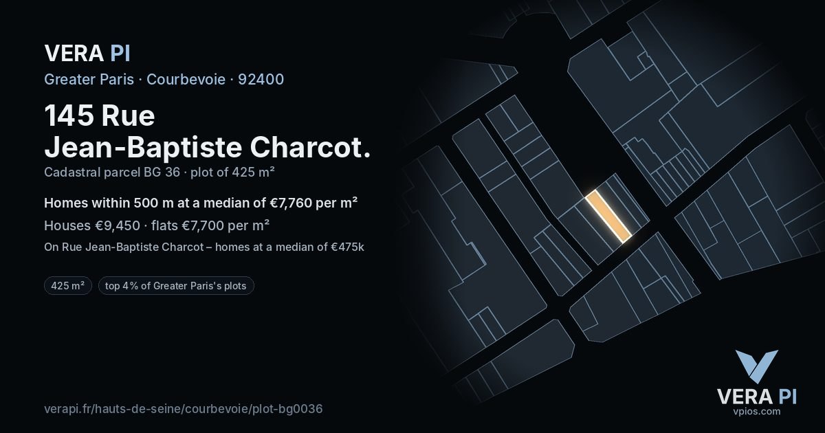 145 Rue Jean-Baptiste Charcot, Courbevoie at night – the plot lit, the parcels around coloured by the prices near them