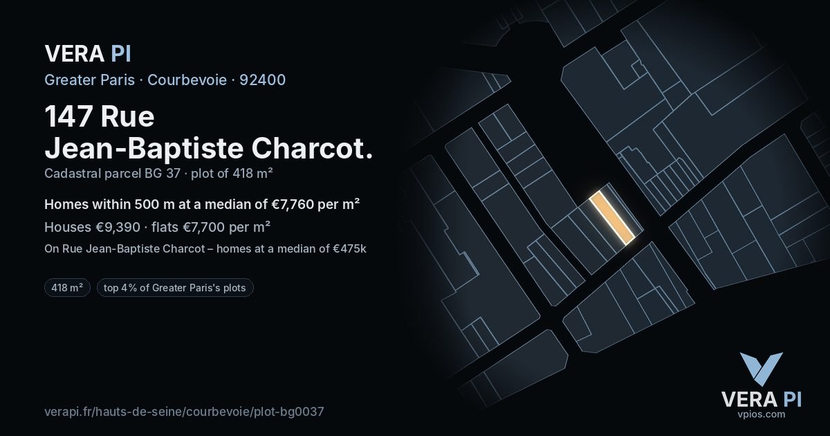 147 Rue Jean-Baptiste Charcot, Courbevoie at night – the plot lit, the parcels around coloured by the prices near them