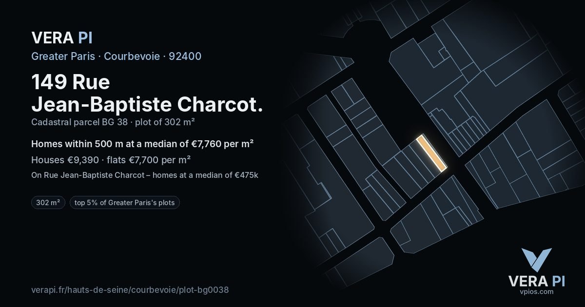 149 Rue Jean-Baptiste Charcot, Courbevoie at night – the plot lit, the parcels around coloured by the prices near them