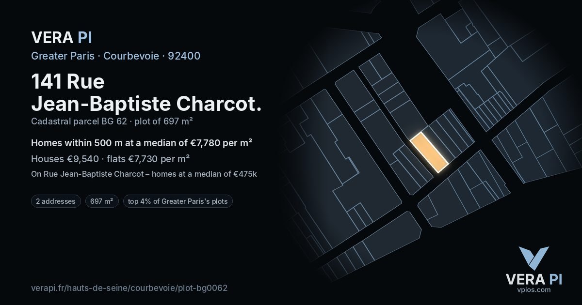 141 Rue Jean-Baptiste Charcot, Courbevoie at night – the plot lit, the parcels around coloured by the prices near them