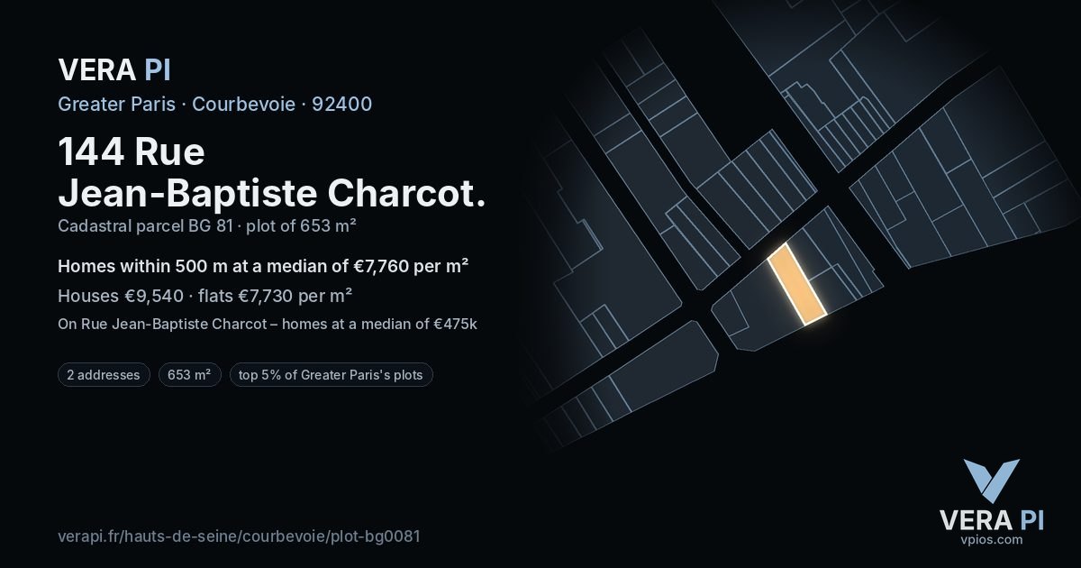 144 Rue Jean-Baptiste Charcot, Courbevoie at night – the plot lit, the parcels around coloured by the prices near them