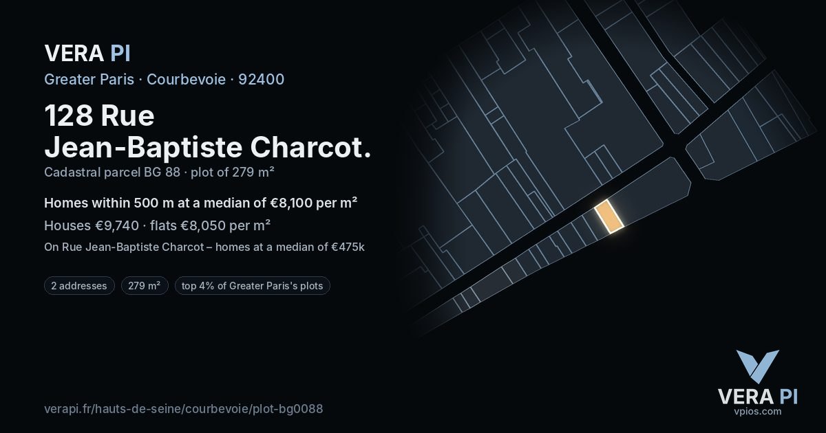 128 Rue Jean-Baptiste Charcot, Courbevoie at night – the plot lit, the parcels around coloured by the prices near them