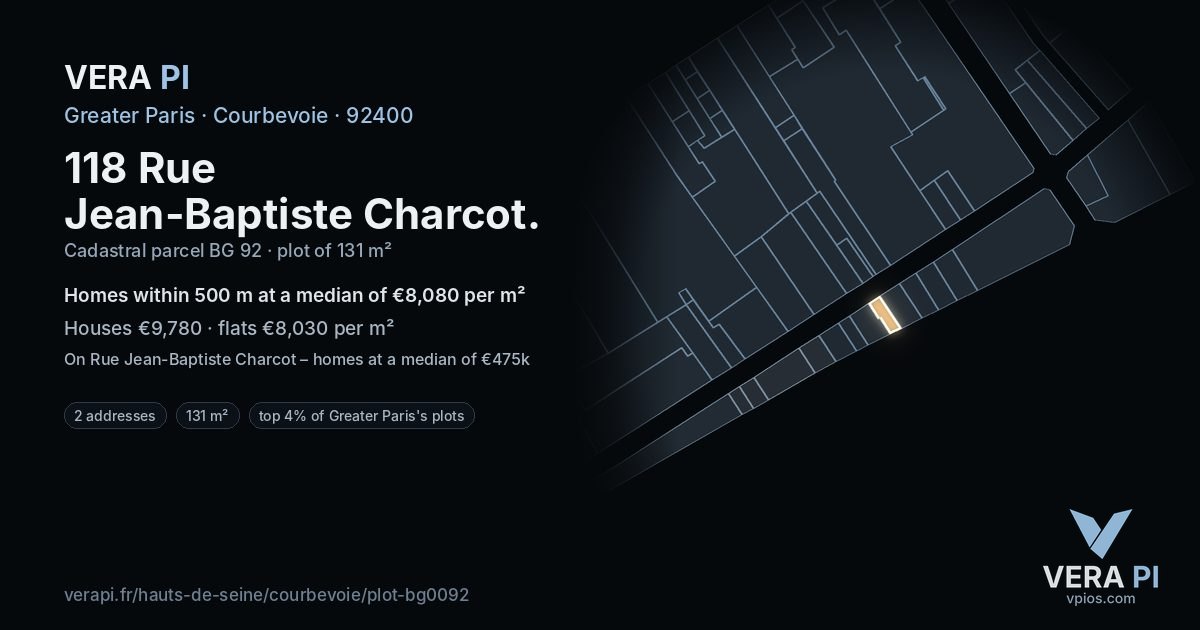 118 Rue Jean-Baptiste Charcot, Courbevoie at night – the plot lit, the parcels around coloured by the prices near them