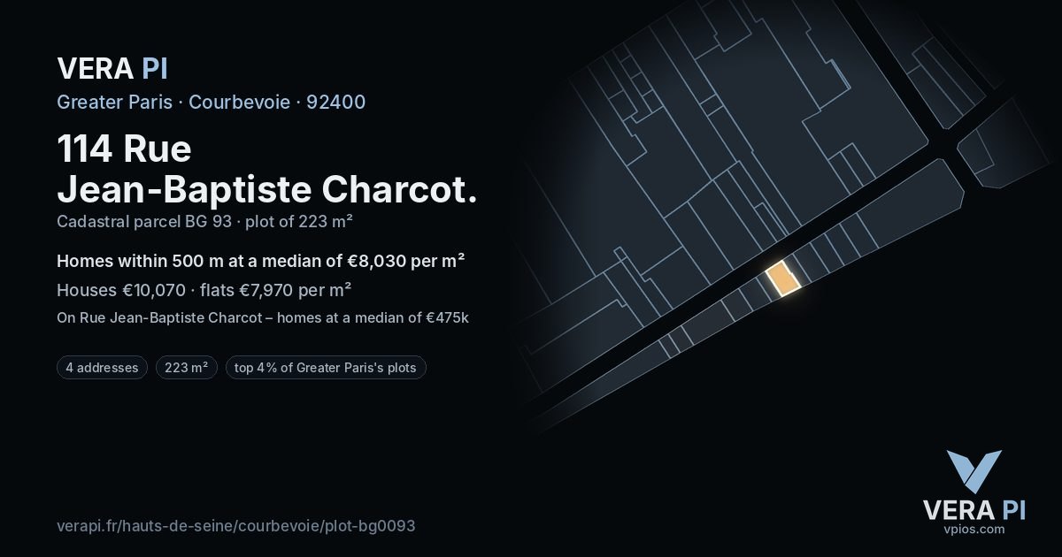 114 Rue Jean-Baptiste Charcot, Courbevoie at night – the plot lit, the parcels around coloured by the prices near them