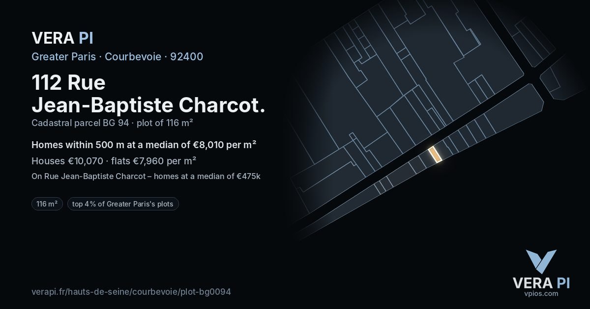 112 Rue Jean-Baptiste Charcot, Courbevoie at night – the plot lit, the parcels around coloured by the prices near them