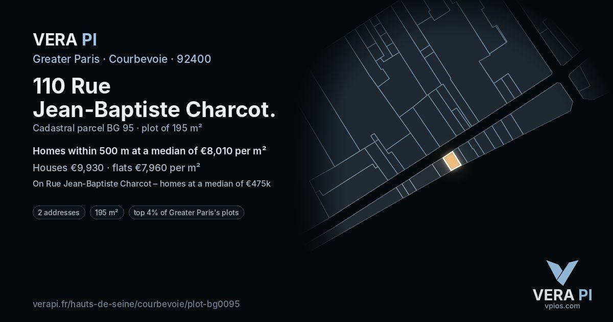110 Rue Jean-Baptiste Charcot, Courbevoie at night – the plot lit, the parcels around coloured by the prices near them