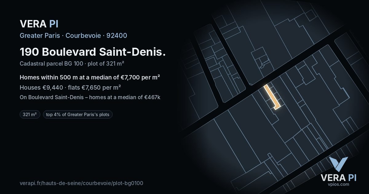 190 Boulevard Saint-Denis, Courbevoie at night – the plot lit, the parcels around coloured by the prices near them