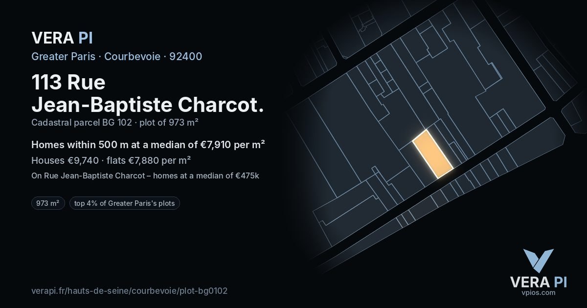 113 Rue Jean-Baptiste Charcot, Courbevoie at night – the plot lit, the parcels around coloured by the prices near them