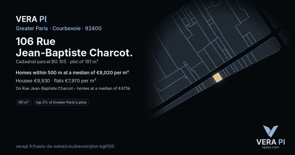 106 Rue Jean-Baptiste Charcot, Courbevoie at night – the plot lit, the parcels around coloured by the prices near them