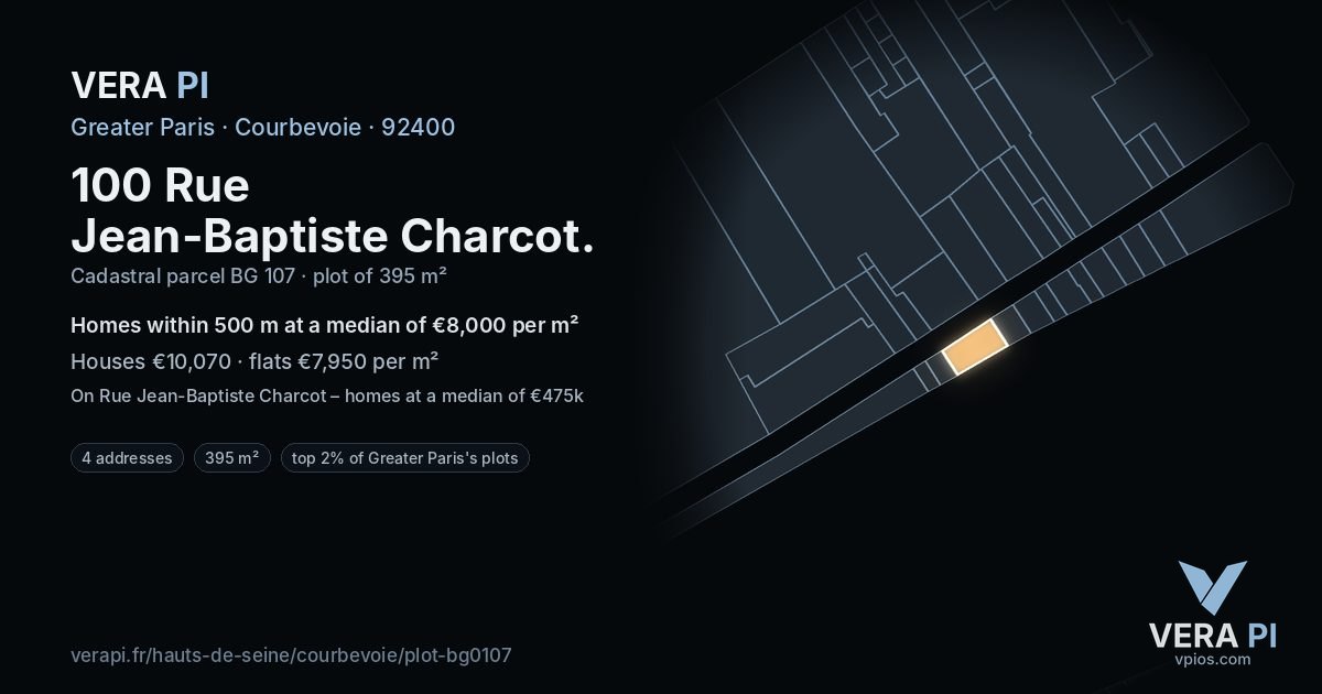 100 Rue Jean-Baptiste Charcot, Courbevoie at night – the plot lit, the parcels around coloured by the prices near them