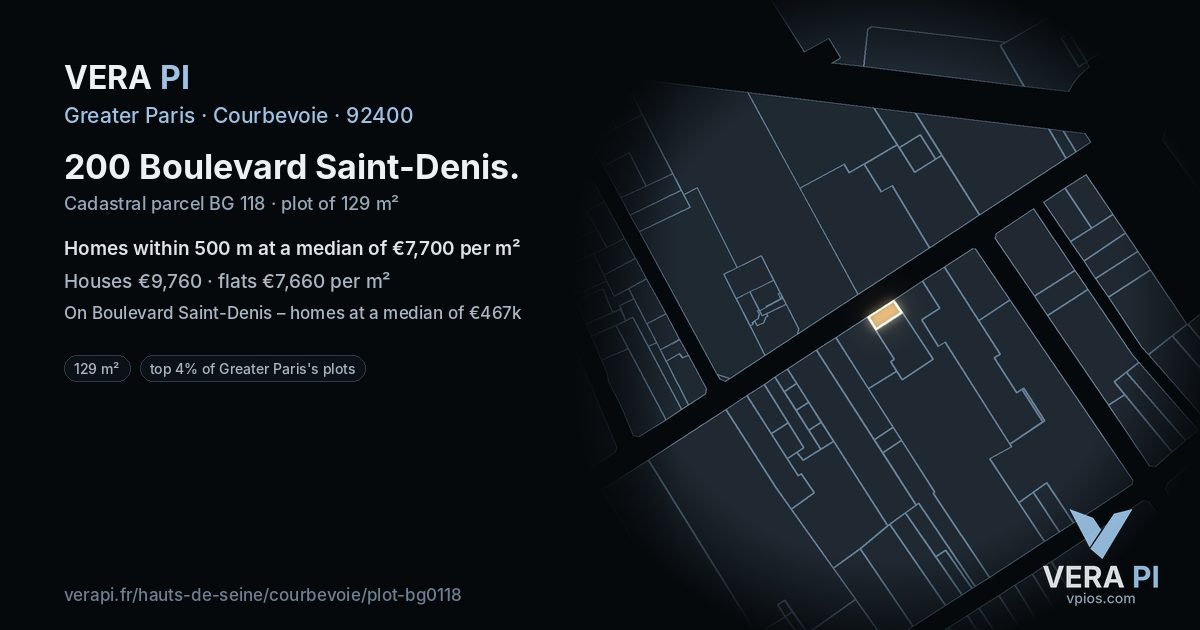 200 Boulevard Saint-Denis, Courbevoie at night – the plot lit, the parcels around coloured by the prices near them