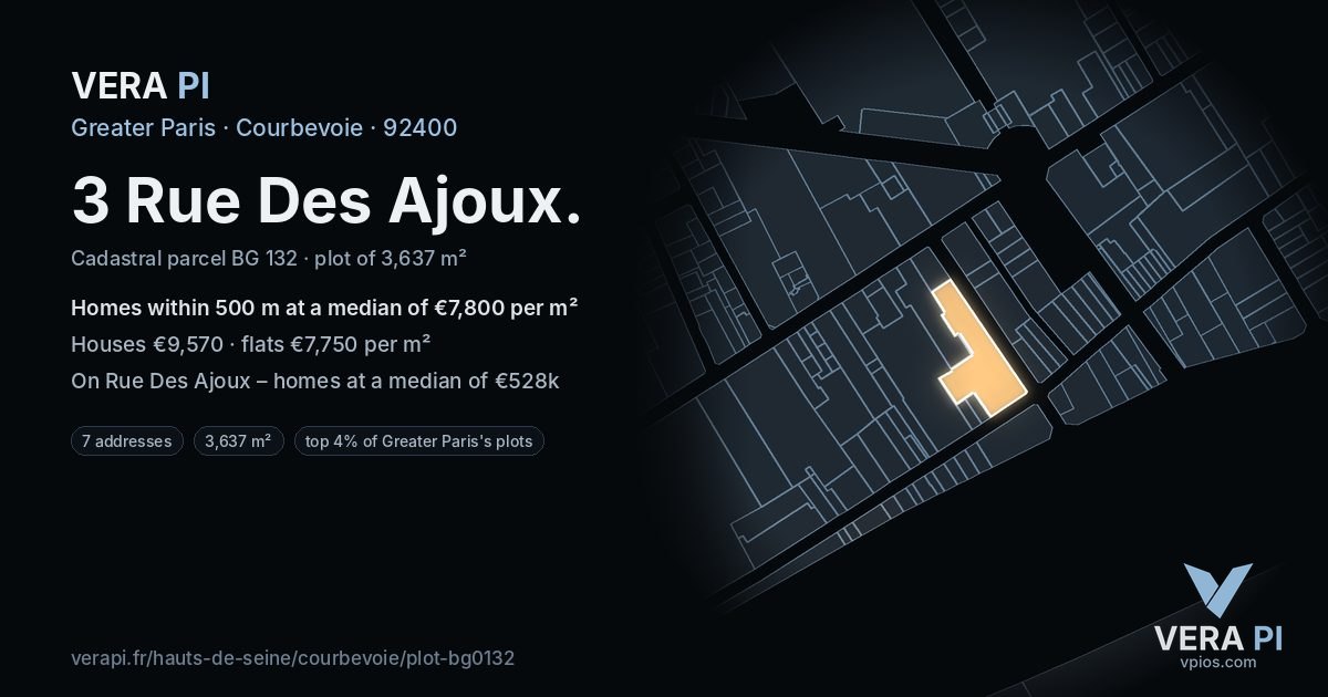 3 Rue Des Ajoux, Courbevoie at night – the plot lit, the parcels around coloured by the prices near them