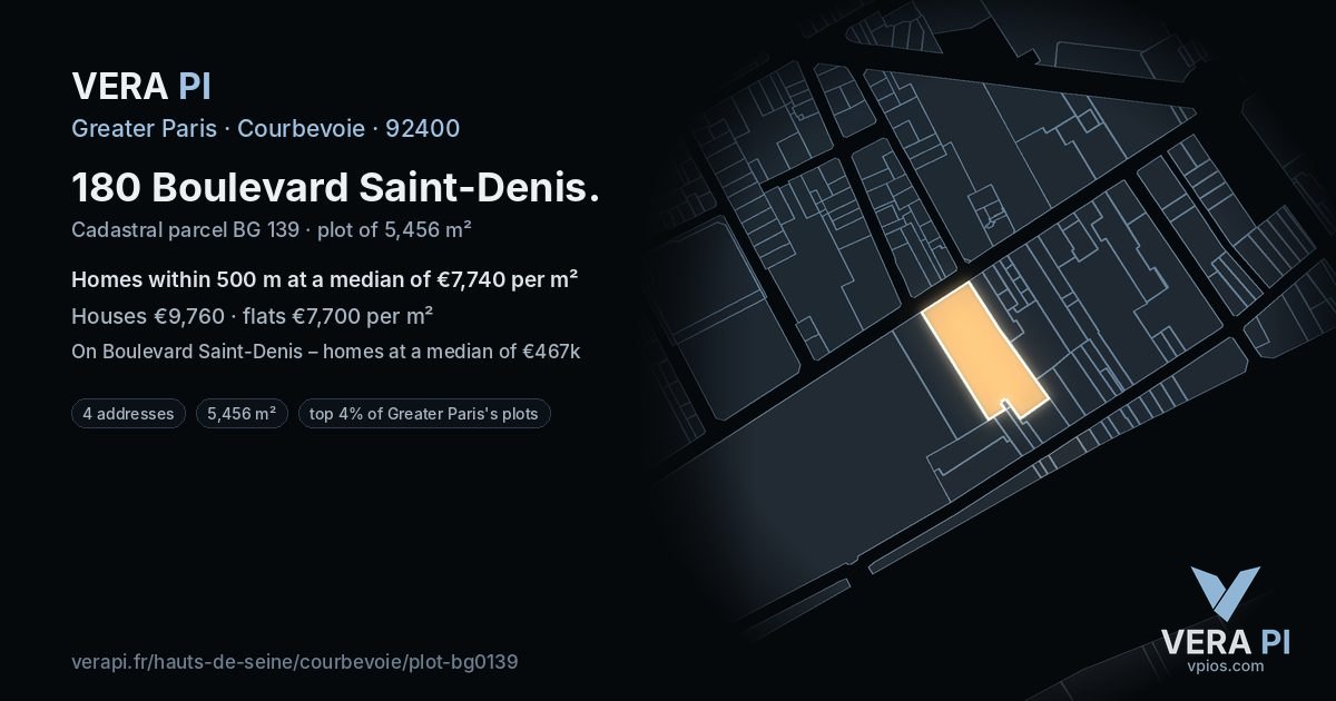 180 Boulevard Saint-Denis, Courbevoie at night – the plot lit, the parcels around coloured by the prices near them