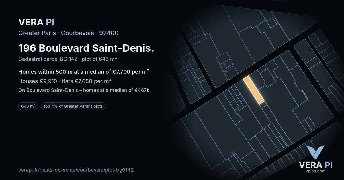196 Boulevard Saint-Denis, Courbevoie at night – the plot lit, the parcels around coloured by the prices near them