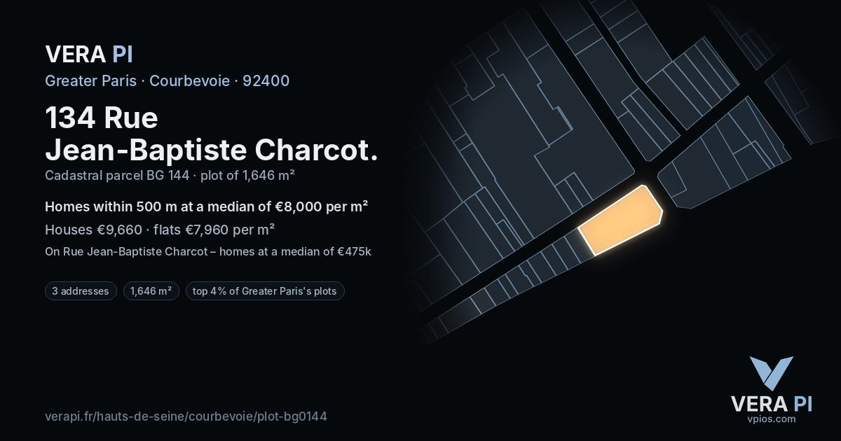 134 Rue Jean-Baptiste Charcot, Courbevoie at night – the plot lit, the parcels around coloured by the prices near them