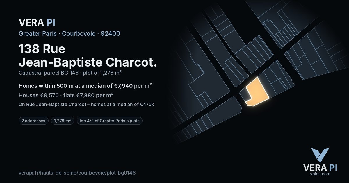 138 Rue Jean-Baptiste Charcot, Courbevoie at night – the plot lit, the parcels around coloured by the prices near them