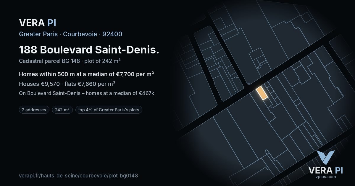 188 Boulevard Saint-Denis, Courbevoie at night – the plot lit, the parcels around coloured by the prices near them