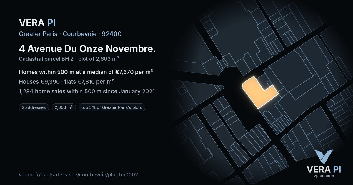 4 Avenue Du Onze Novembre, Courbevoie at night – the plot lit, the parcels around coloured by the prices near them