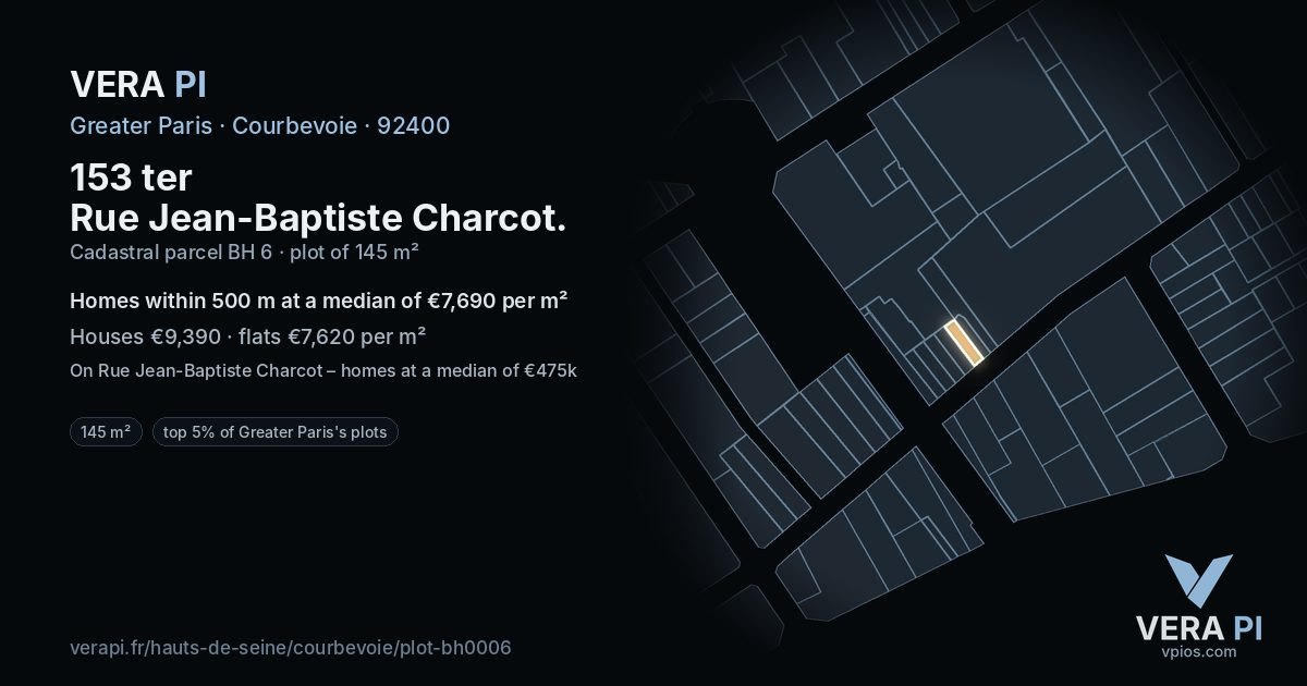153 ter Rue Jean-Baptiste Charcot, Courbevoie at night – the plot lit, the parcels around coloured by the prices near them